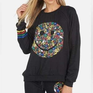 Lauren Moshi “Edda Lucky” Multicolor Happy Face Black Sweatshirt, Medium